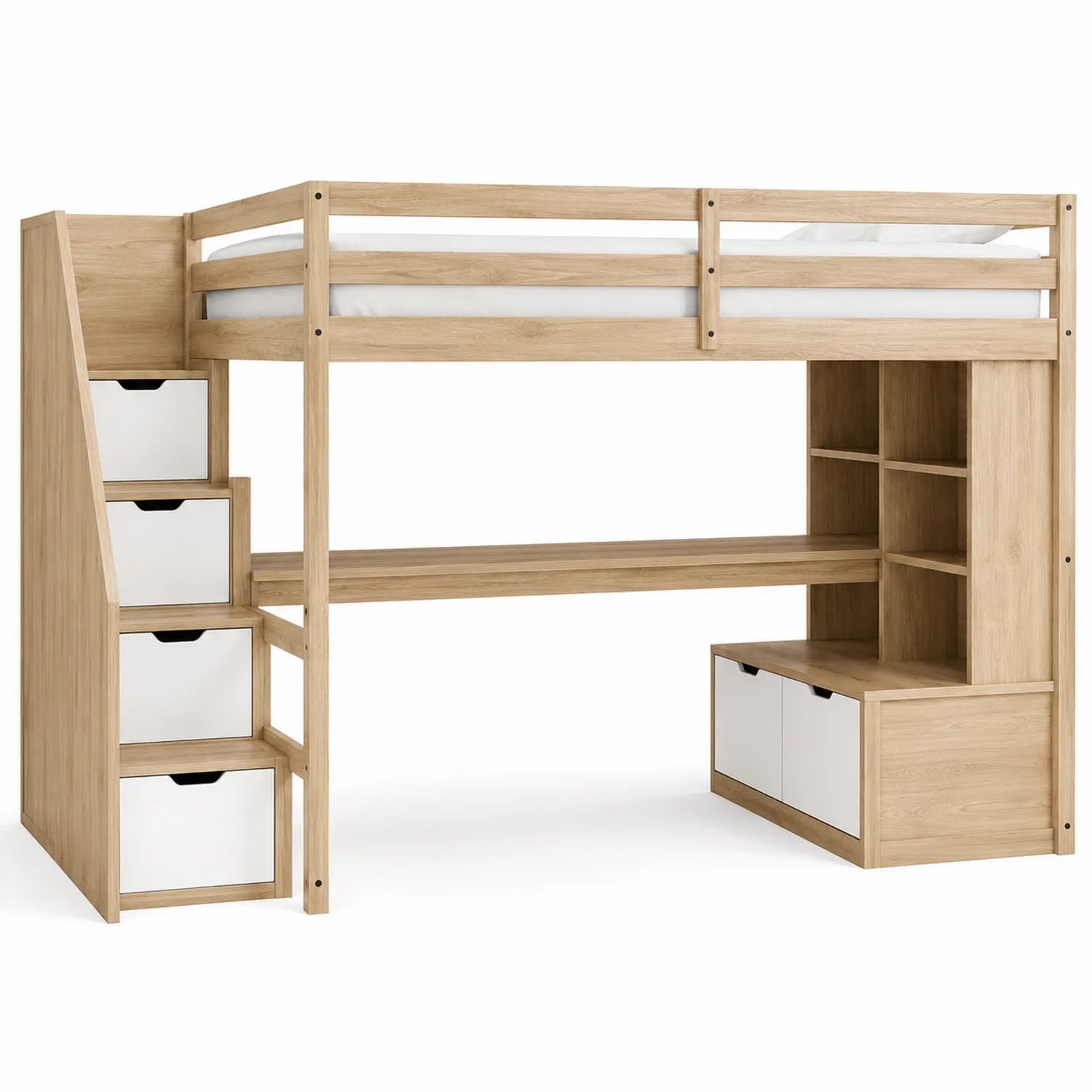Cama alta de MDF con escalera y cajones Roble/Blanco 200x100x180 cm