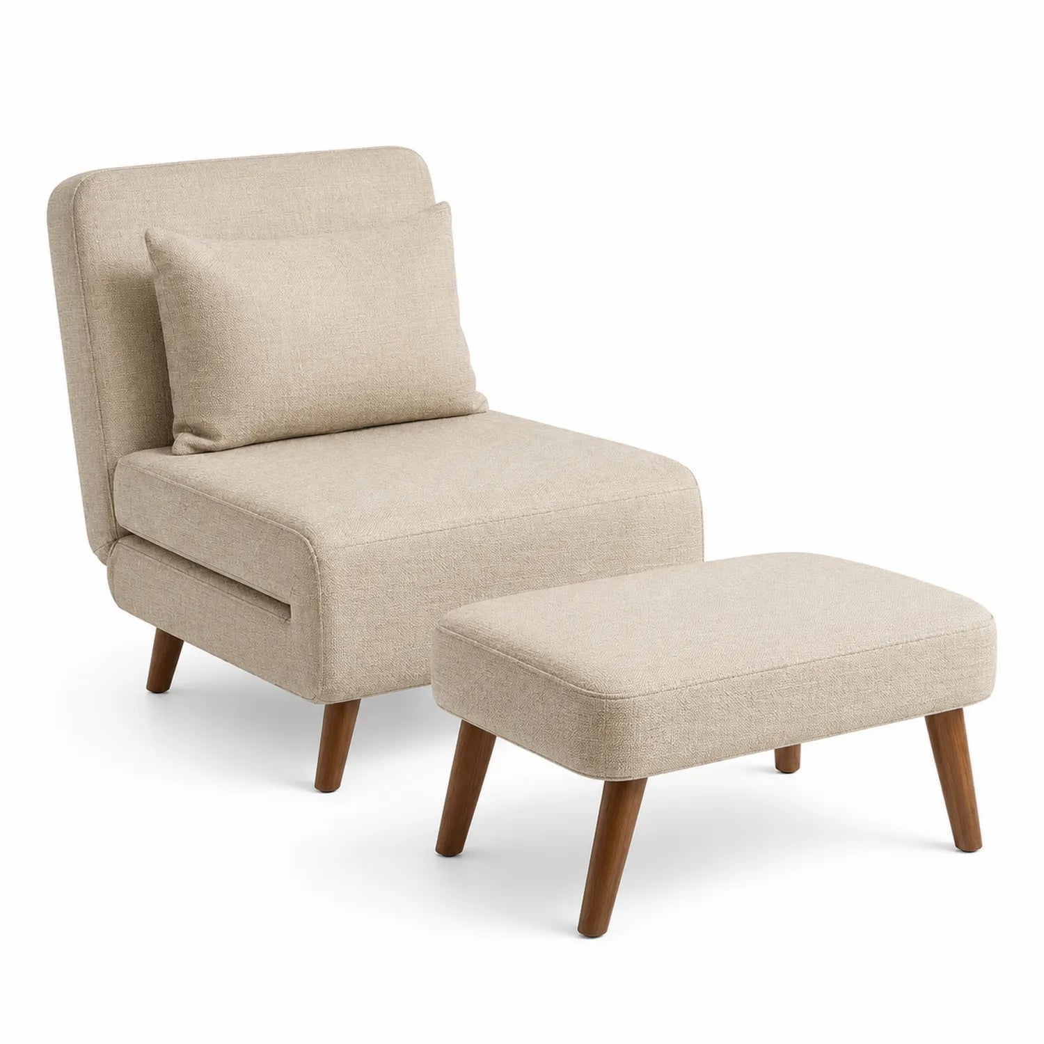 Conjunto de Silla y Reposapiés de Tela Beige con Patas de Madera