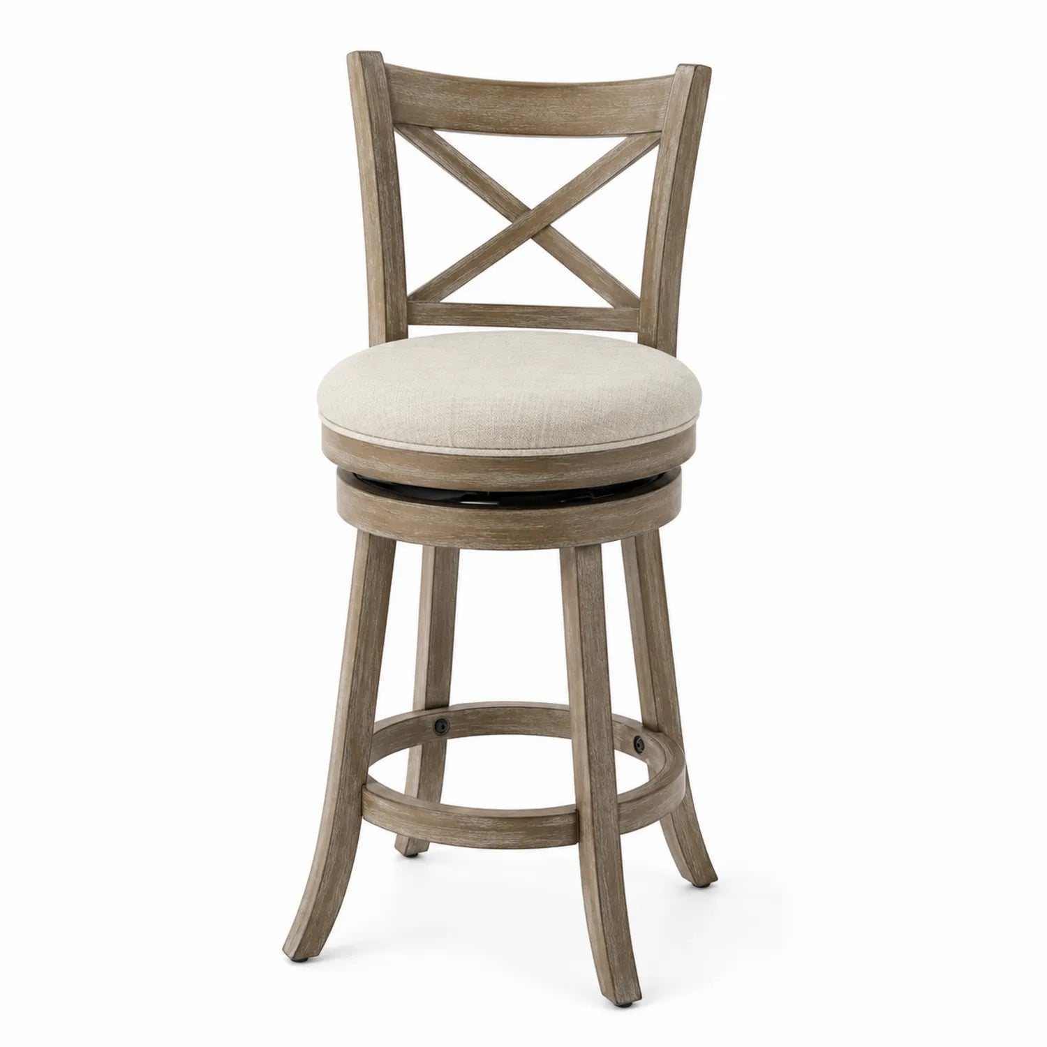Taburete de bar giratorio de madera con respaldo cruzado y cojín de lino 108 cm