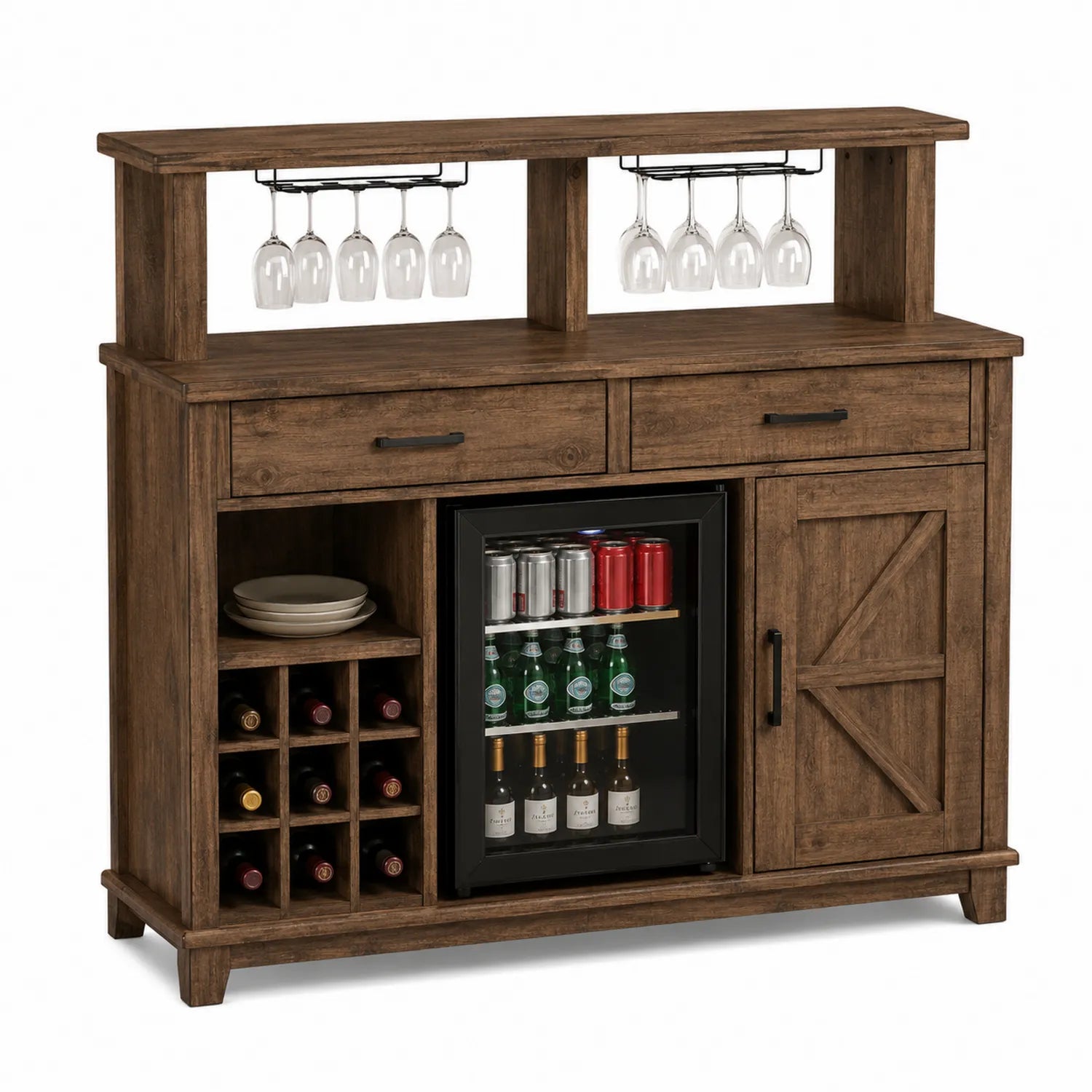 Aparador de Madera con Botellero y Puerta de Cristal