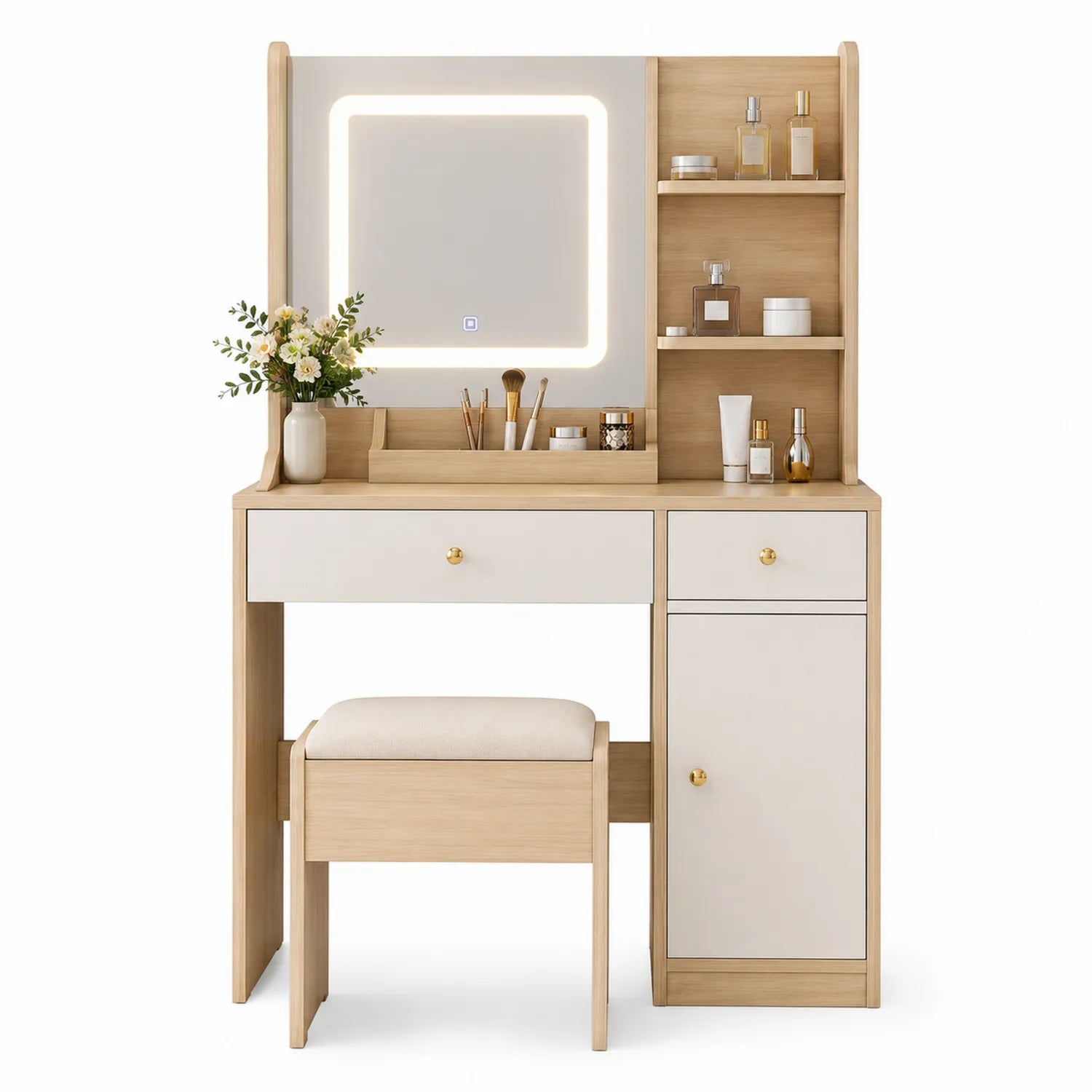 Tocador de madera y MDF con taburete y espejo con luz LED