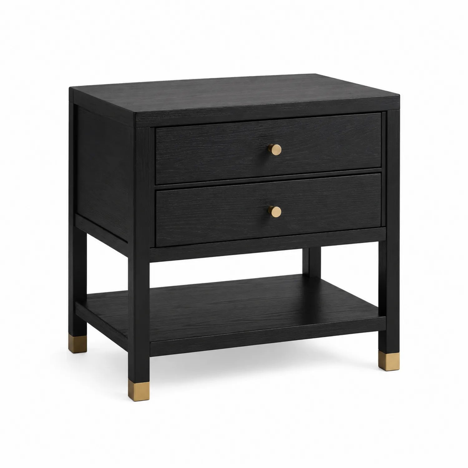 Mesita de noche de madera de dos cajones negra con detalles metálicos
