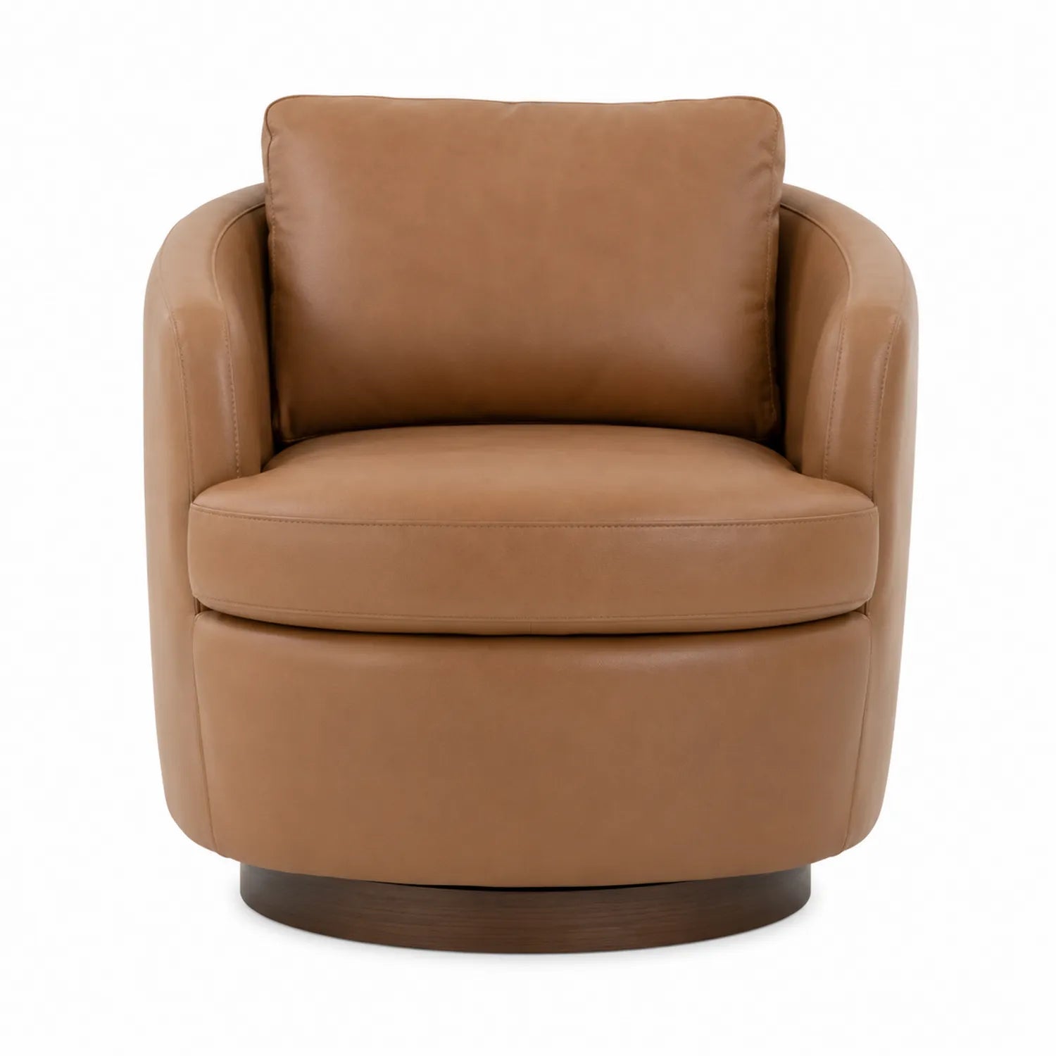 Silla giratoria de piel marrón con base de madera