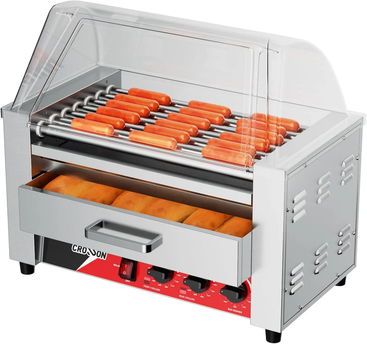 crosson Máquina de cachorro quente profissional 2-em-1,1350 W com 7 rolos transparentes e tampa, dor de aquecedor inoxidável, regulação de temperatura dupla, capacidade de 18 salsichas