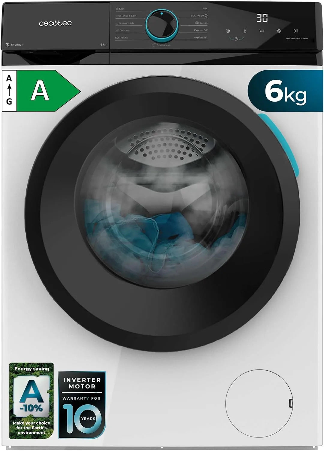 Máquina de lavar frontal Cecotec 6 kg Inversor, 1200 rpm, 11 Programas, Economia de energia