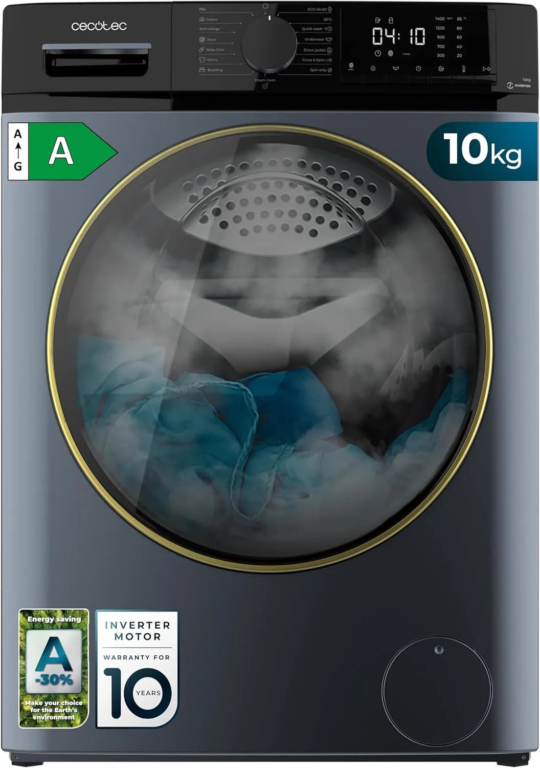 Máquina de lavar Cecotec 10 kg Bolero DressCode 10610 Inverter Blue Ice, 1400 RPM, Steam, Motor Inverter Plus, 15 Programas, Tecnologia OnSmart