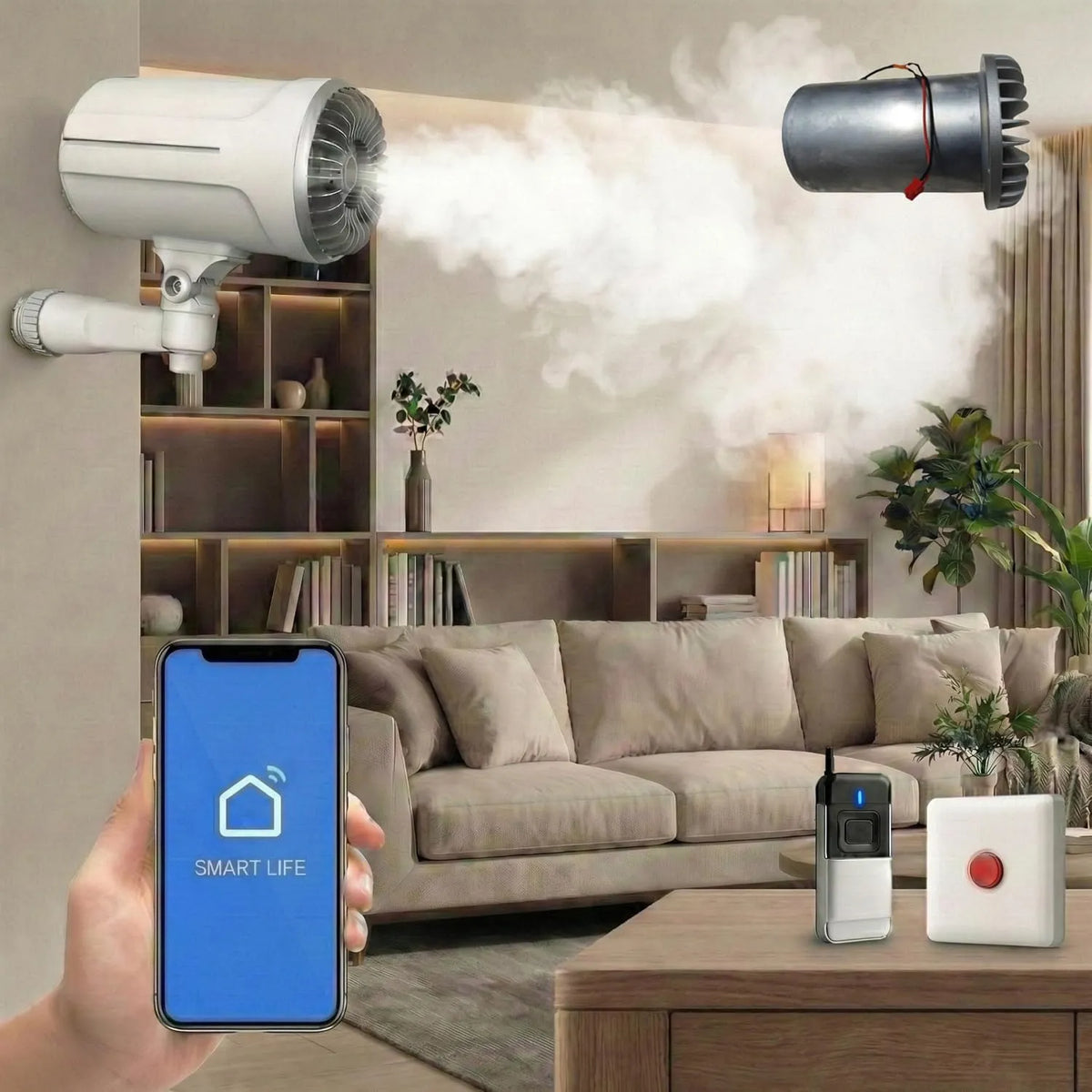Smoke-Defender Sistema de segurança anti-intrusão com Gerador de nevoeiro, SmartLife/Tuya compatível, 100-150 m³ Capa, Ideal para Casa e Comércio