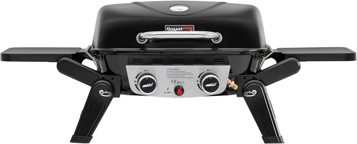 Royal Gourmet Churrasco portátil de gás 2 queimadores, tampa e mesas laterais Dobráveis, 5 kW, 48x37 cm de superfície, Ideal para campismo e Jardim