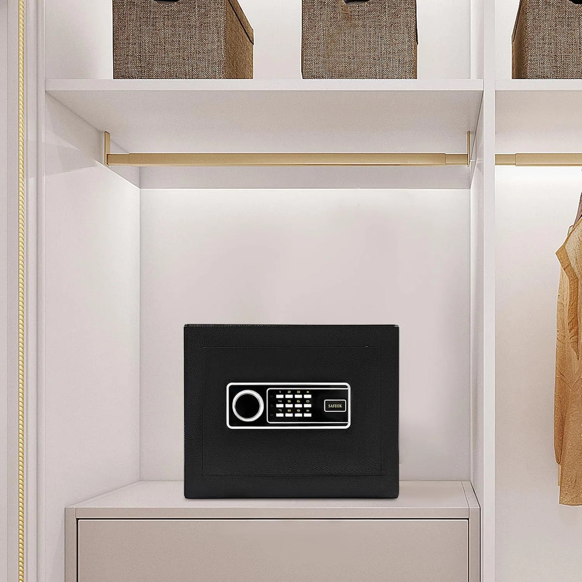 Apriltop Caixa preta com iluminação LED 38x32x30 cm, 2 mm de aço seguro para jóias e líquidos, Alarme encastrado, Acesso por Senha / Limpar