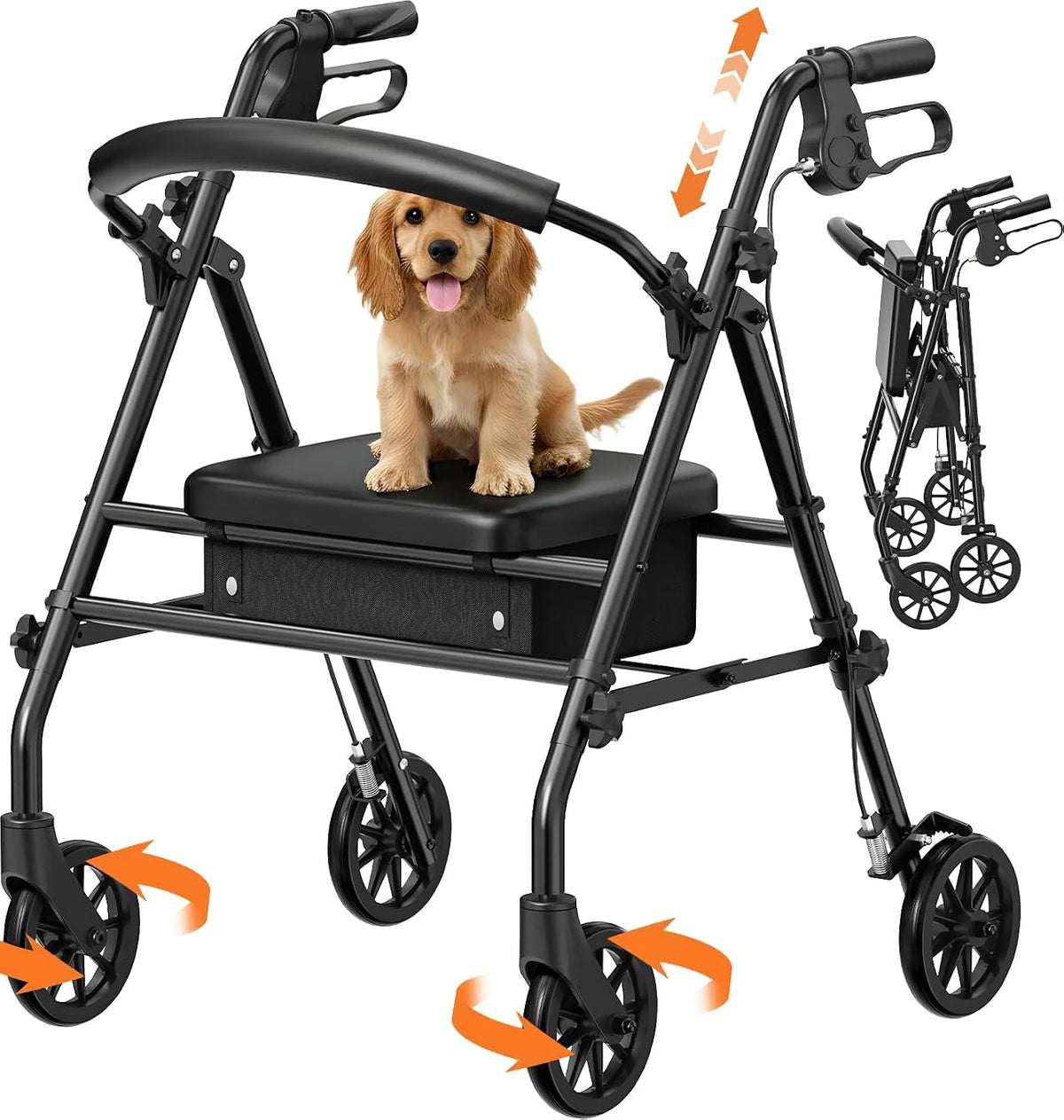 Luckfaith Rodas com assento e saco de armazenamento - Leve e compacto para idosos e mobilidade reduzida, uso interno e exterior, cor preta