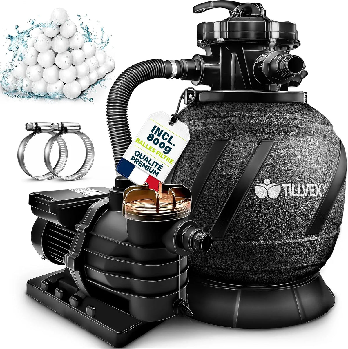tillvex Sistema de filtro de piscina 10 m³/h com bolas filtrantes – 7 Funções