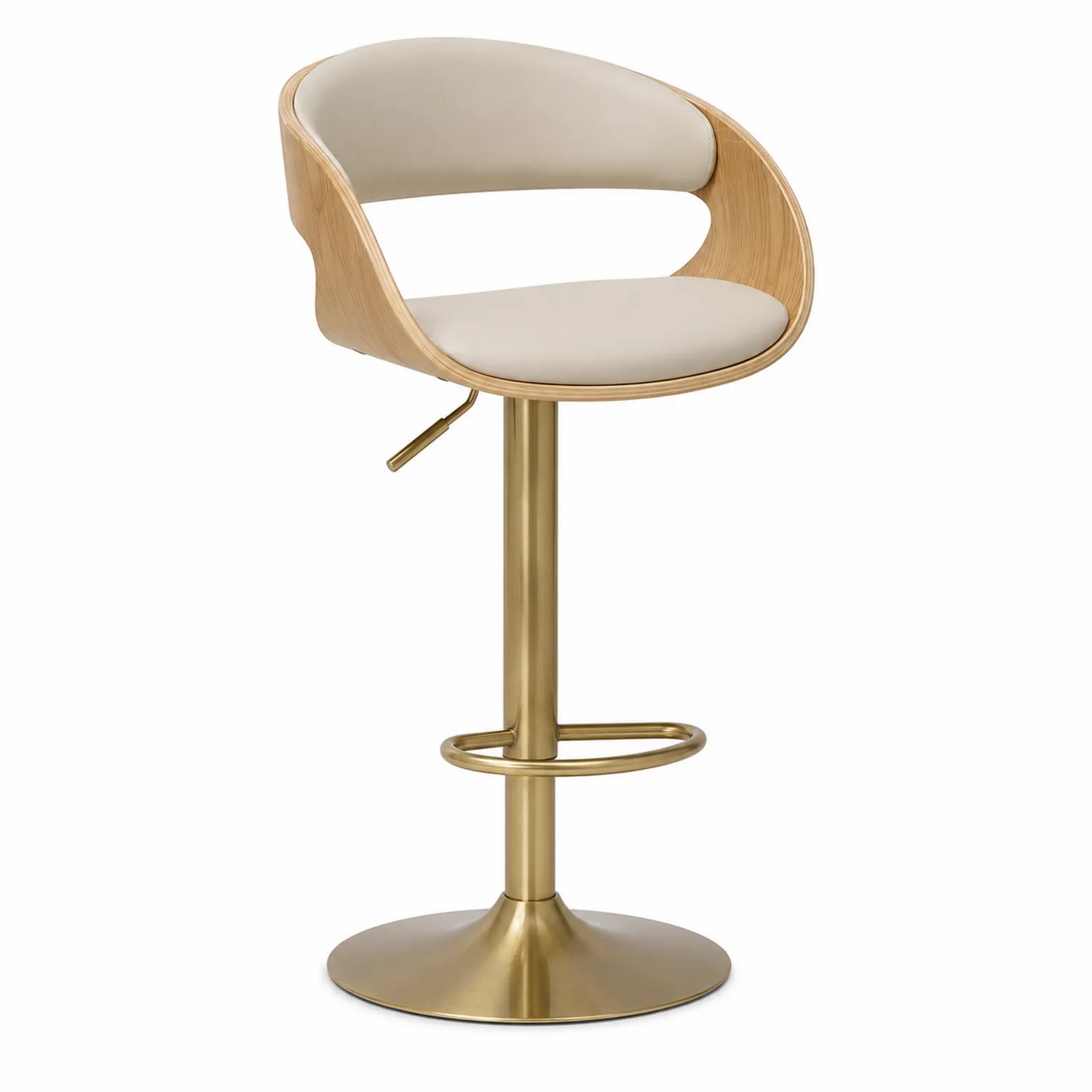 Taburete de bar ajustable de madera y cuero sintético beige