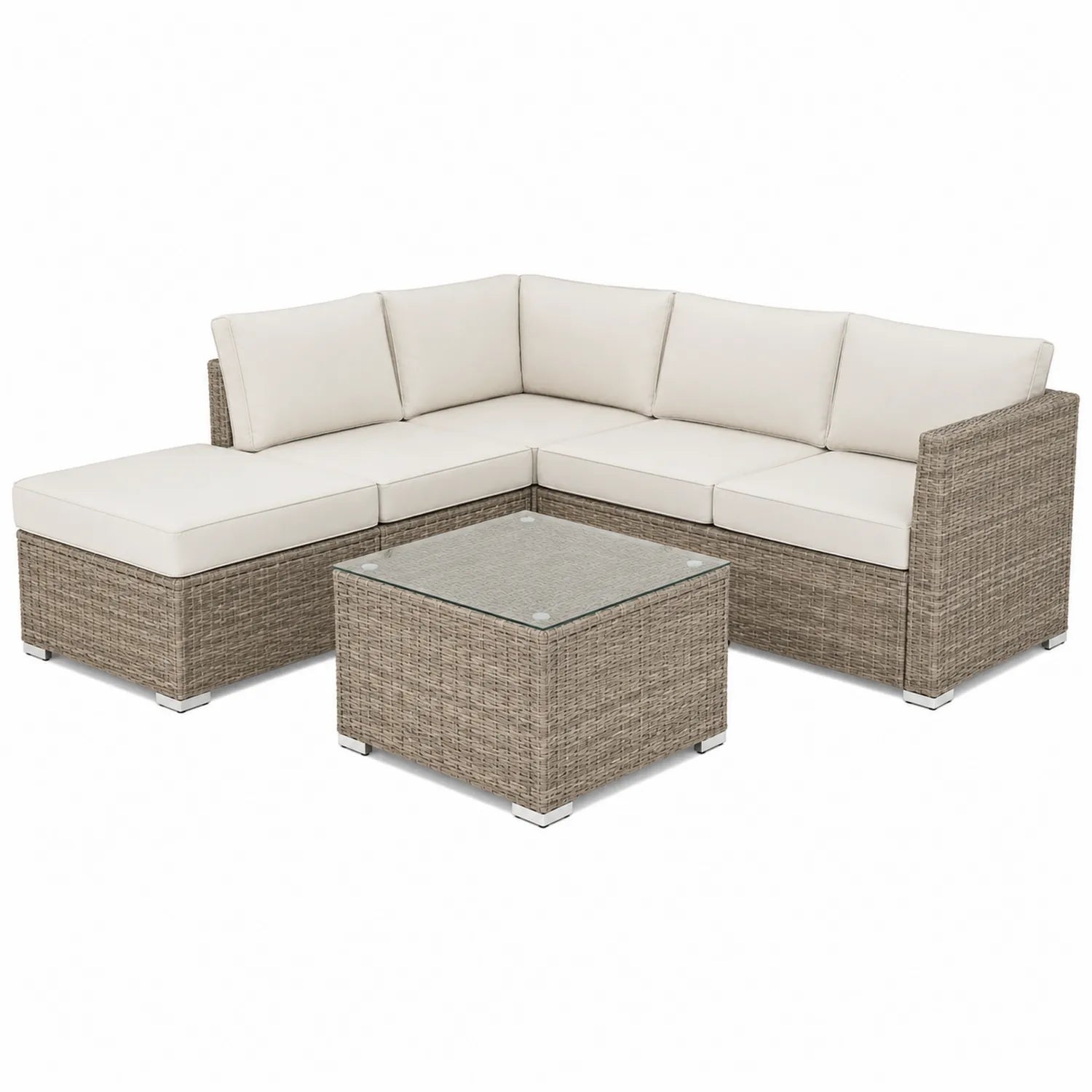 Conjunto de Sofá Esquinero de Ratán Sintético Beige con Mesa de Vidrio