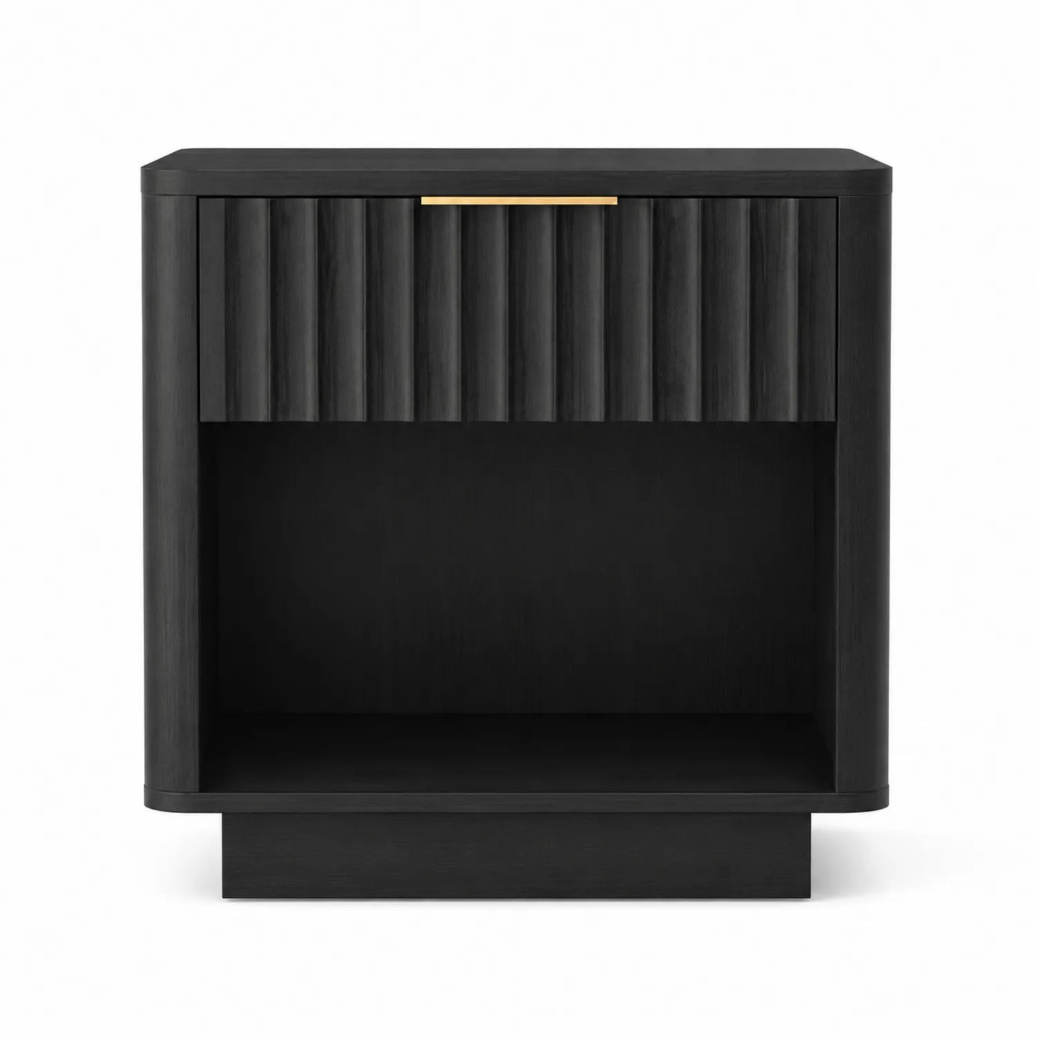 Mesita de noche de madera negra con cajón y estante