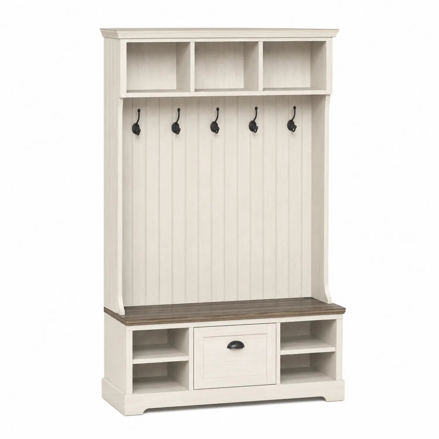 Banco de madera con ganchos y estantes blanco y marrón