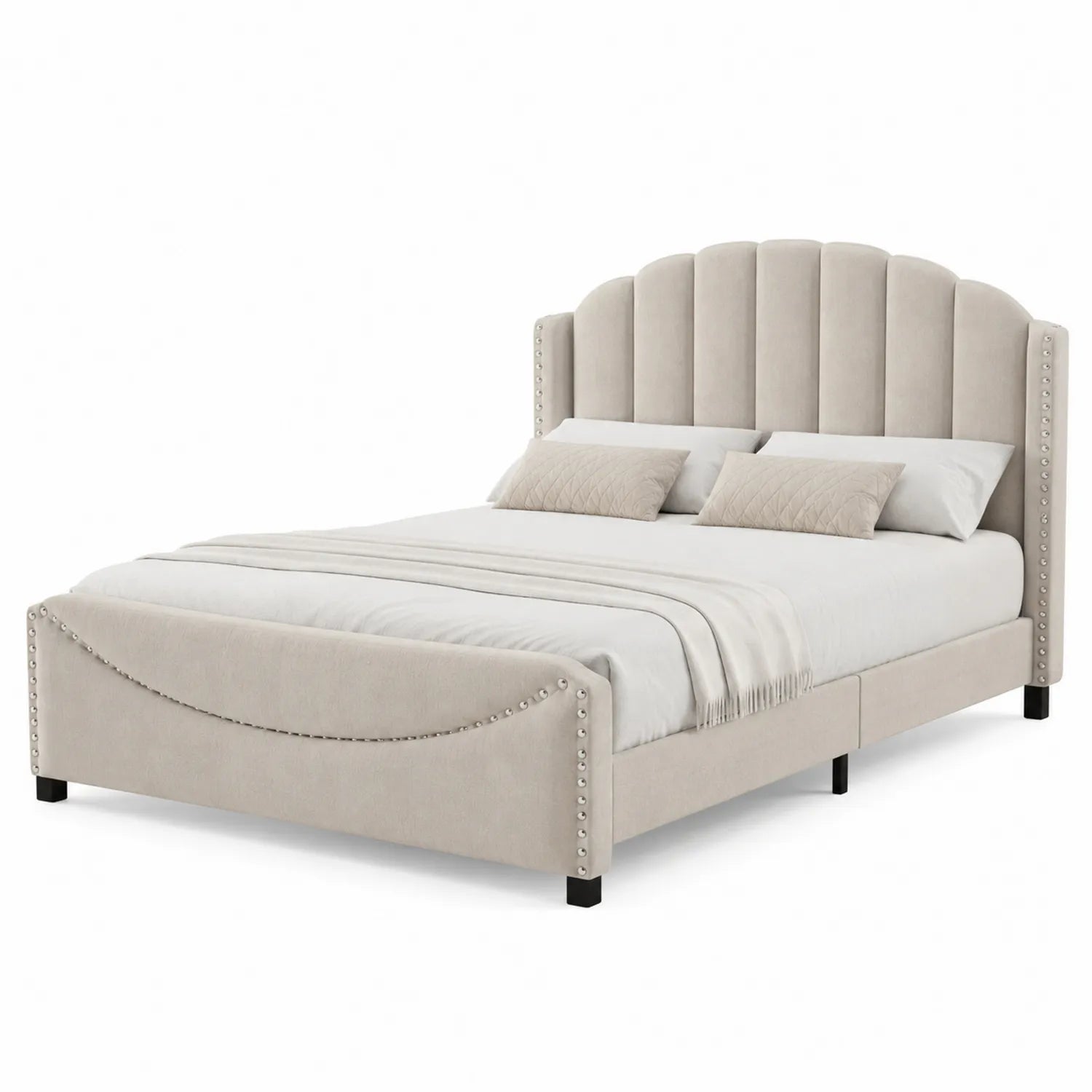 Cama tapizada de poliéster beige con cabecero acolchado y tachuelas 190 x 140 cm