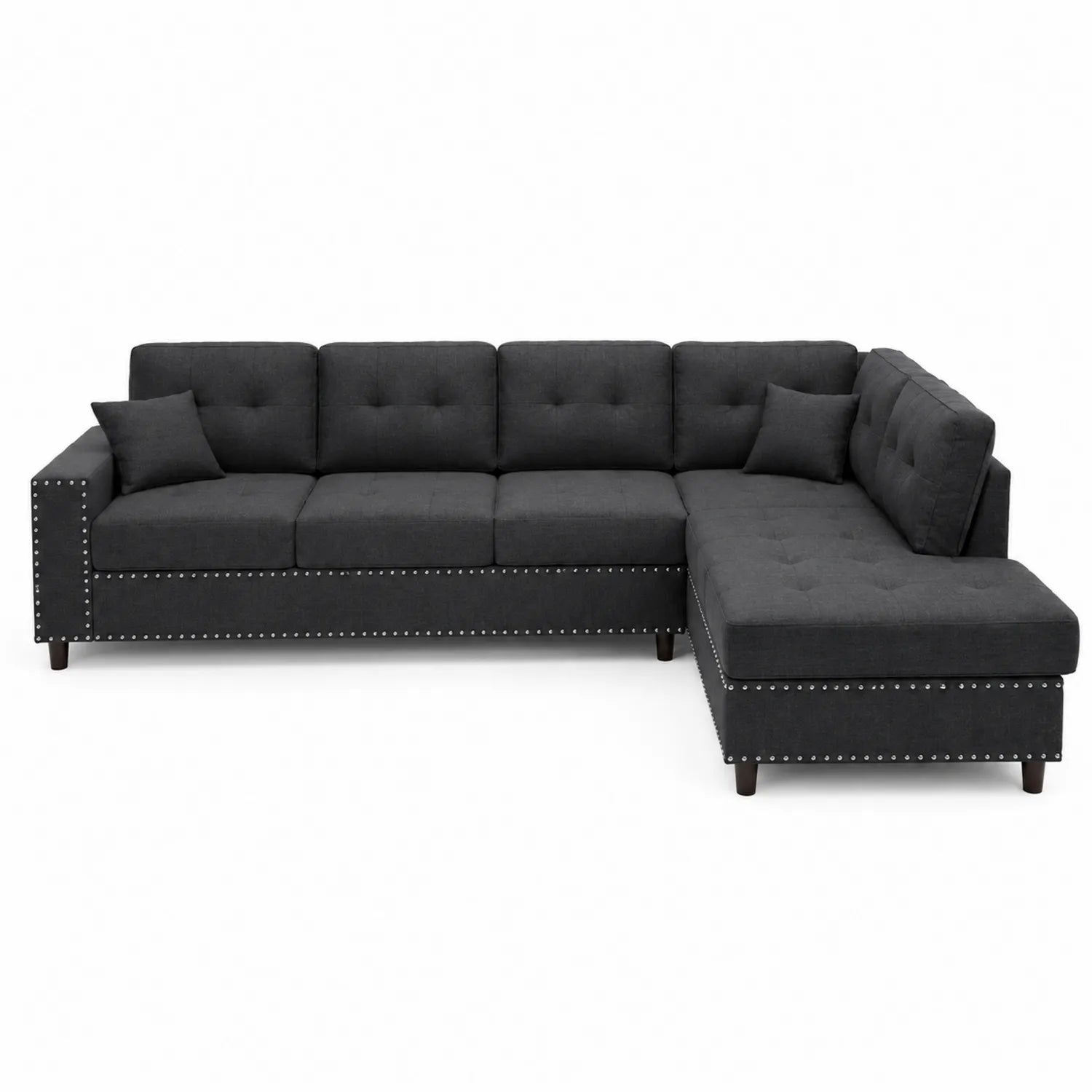 Sofá seccional en L tapizado en poliéster gris oscuro 300 cm x 220 cm