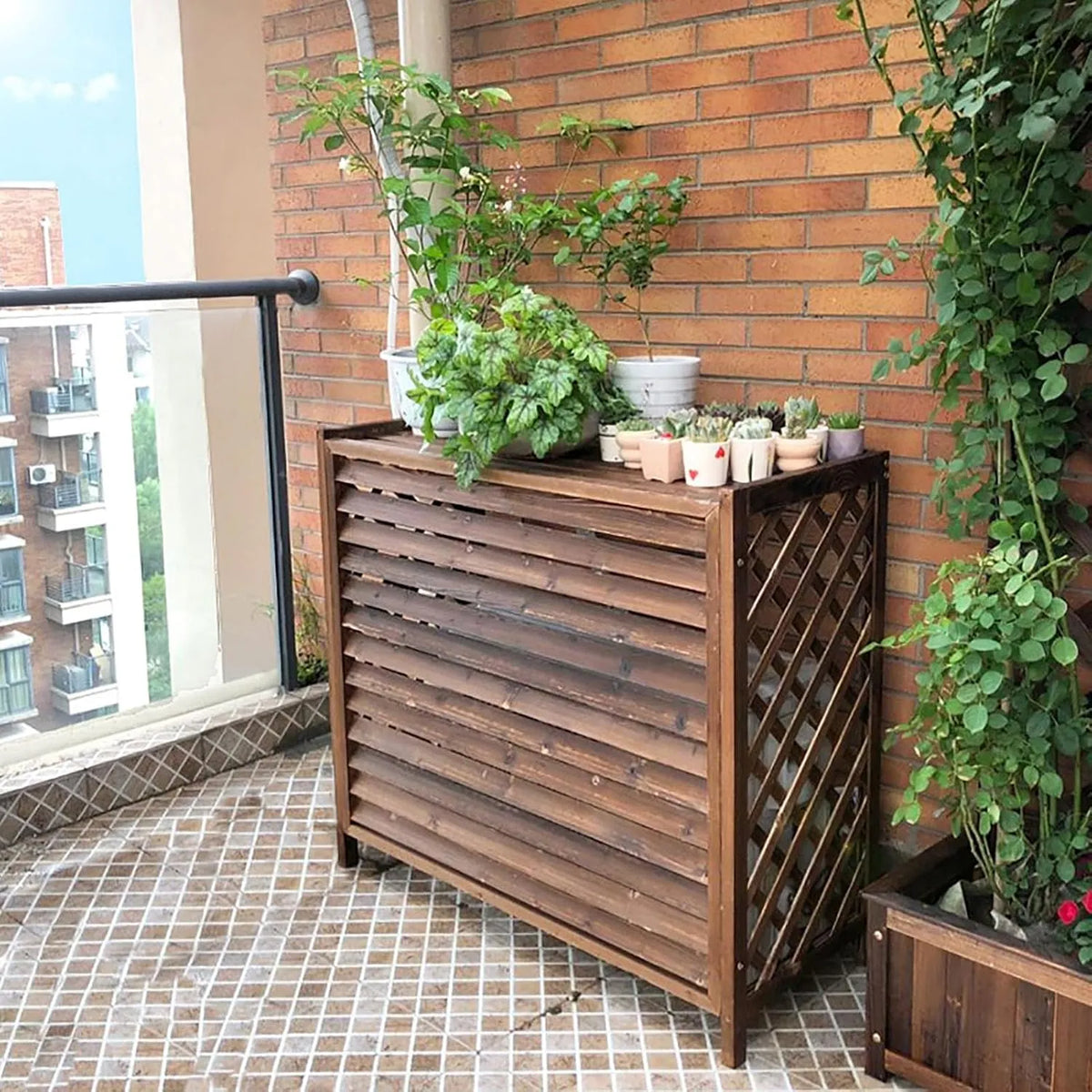 Generic Caixa de ar condicionado de madeira sólida com elegantes slats, suporte de flor marrom, 105 x 47 x 80 cm, ideal para esconder unidades ao ar livre