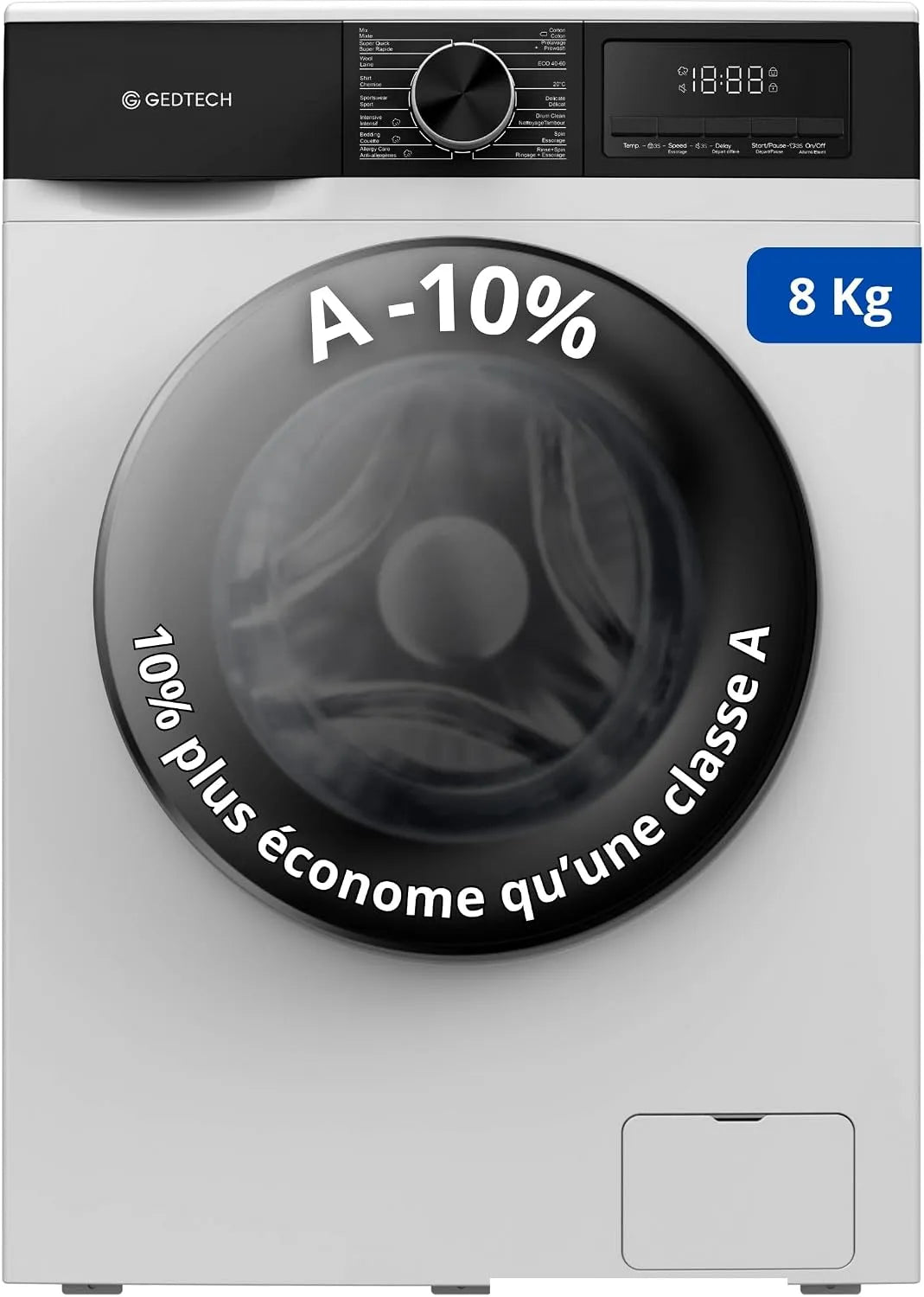 GEDTECH Máquina de lavar roupa GEDTCH 8 kg, 1400 rpm, 16 programas, economia de energia, classe A