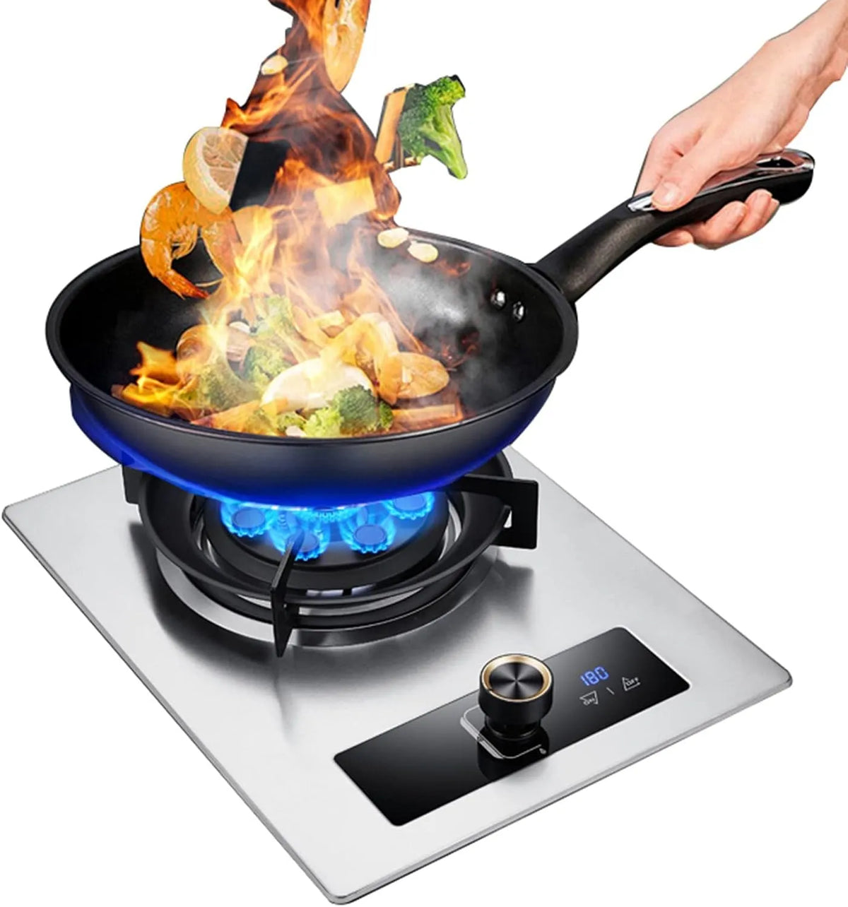 XLTFUC Portátil Rake de gás 32 cm, Chama Alta com Timer, Montado e Prata Trempé Vidro, Ideal para campismo ao ar livre