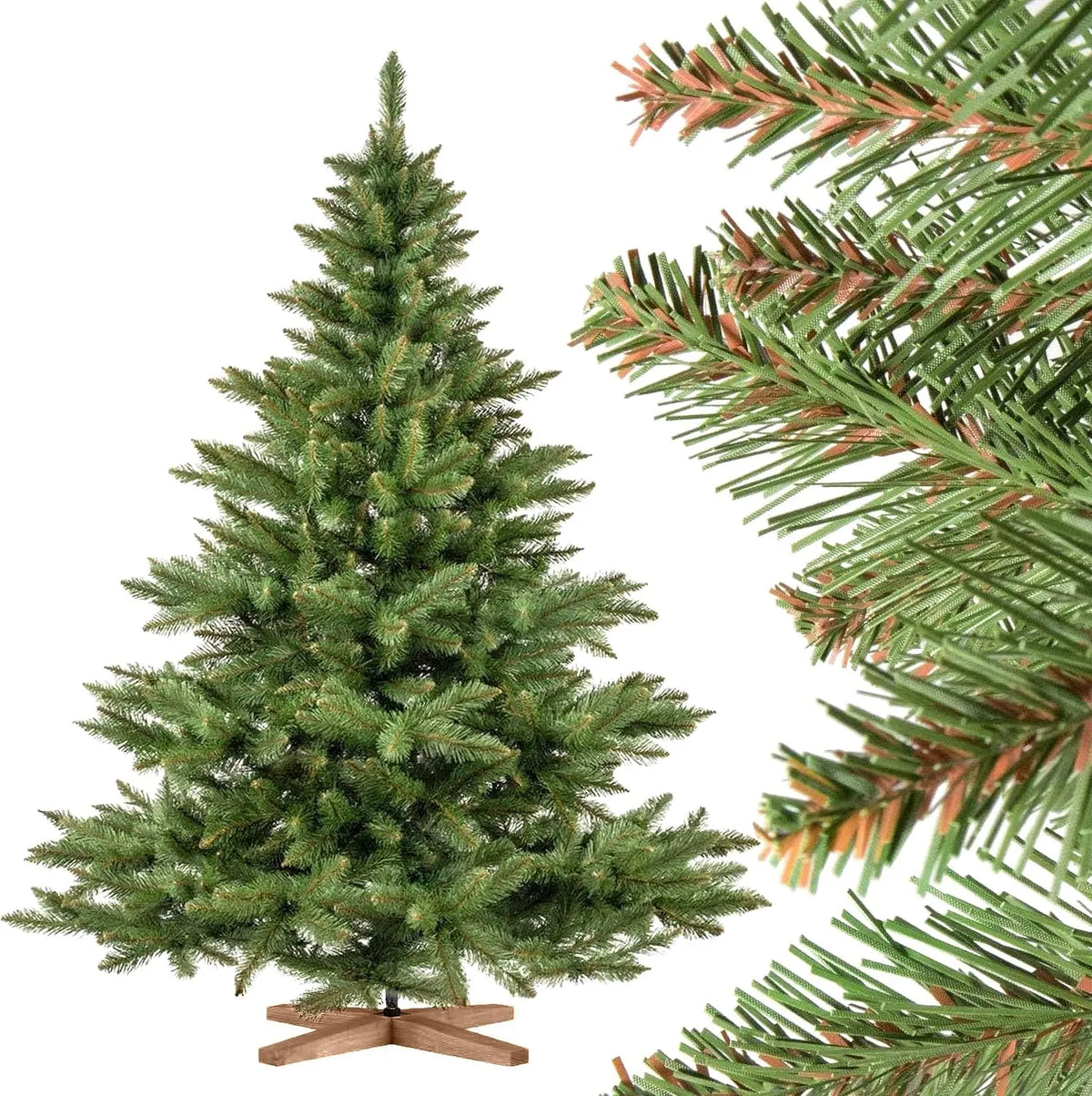 FairyTrees Artificiel Nordmann Árvore de Natal, 180 cm, PVC durável, tronco verde com base de madeira